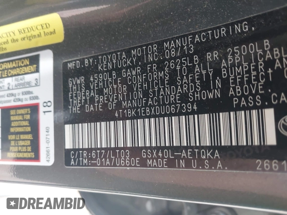 2013 Toyota Avalon XLE with VIN 4T1BK1EBXDU067394, listed as a IAAI auction lot 41944775 with 146,216 mi miles and . Bid and sale history available at DreamBid. Image 9.