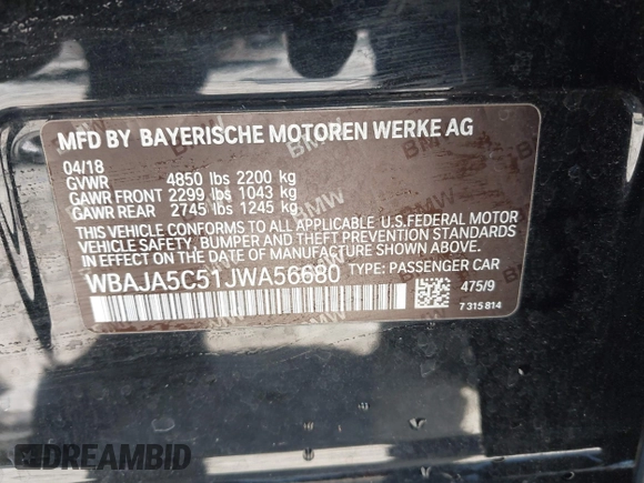 2018 BMW 5 Series 530i z VIN WBAJA5C51JWA56680, wystawiony jako IAAI lot #42273066 z przebiegiem 39 789 mil mil oraz . Historia ofert i sprzedaży dostępna na DreamBid. Obrazek 9.
