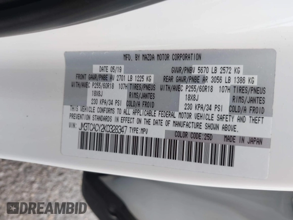 2019 Mazda CX-9 Touring with VIN JM3TCACY2K0328347, listed as a IAAI auction lot 41917854 with 67,173 mi miles and . Bid and sale history available at DreamBid. Image 9.