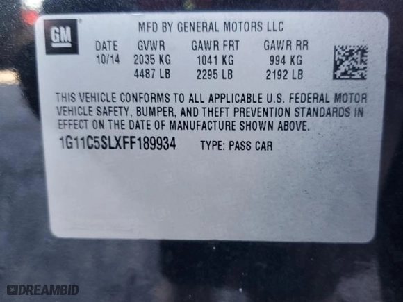 2015 Chevrolet Malibu LT with VIN 1G11C5SLXFF189934, listed as a Copart auction lot 49679765 with 124,979 mi miles and Salvage Title. Bid and sale history available at carsss.com. Image 12.