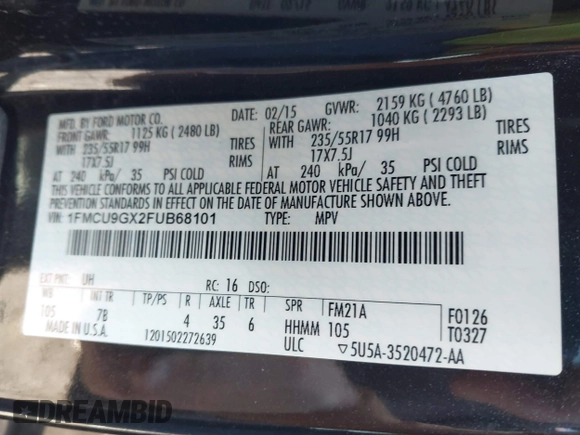 2015 Ford Escape SE with VIN 1FMCU9GX2FUB68101, listed as a IAAI auction lot 41902379 with 136,248 mi miles. Bid and sale history available at carsss.com. Image 9.