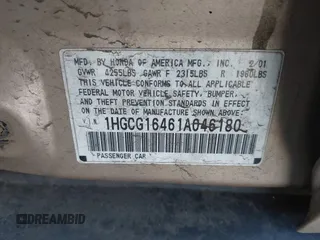 2001 Honda Accord LX z VIN 1HGCG16461A046180, wystawiony jako IAAI lot #41779920 z przebiegiem 73 040 mil mil oraz . Historia ofert i sprzedaży dostępna na DreamBid. Obrazek 9.