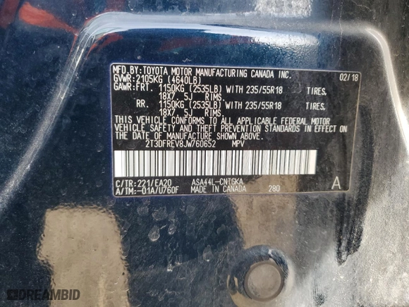 2018 Toyota RAV4 Limited with VIN 2T3DFREV8JW760652, listed as a Copart auction lot 48777085 with 66,049 mi miles and Salvage Title. Bid and sale history available at carsss.com. Image 15.