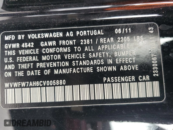 2012 Volkswagen Eos Lux with VIN WVWFW7AH6CV005880, listed as a Copart auction lot 82214934 with 149,477 mi miles and Salvage Title. Bid and sale history available at DreamBid. Image 12.