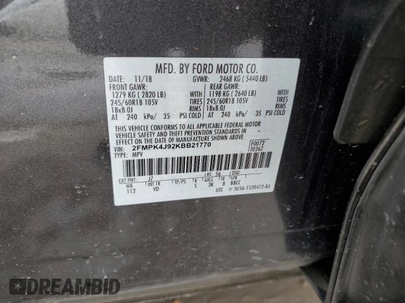 2019 Ford Edge SEL z VIN 2FMPK4J92KBB21770, wystawiony jako Copart lot #56056585 z przebiegiem 64 042 mil mil oraz Szkoda całkowita • Salvage title. Historia ofert i sprzedaży dostępna na DreamBid. Obrazek 13.