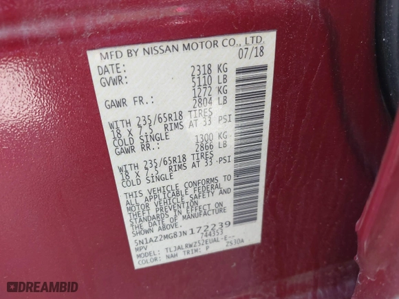 2018 Nissan Murano Platinum with VIN 5N1AZ2MG8JN172239, listed as a IAAI auction lot 41816237 with 135,714 mi miles. Bid and sale history available at carsss.com. Image 9.