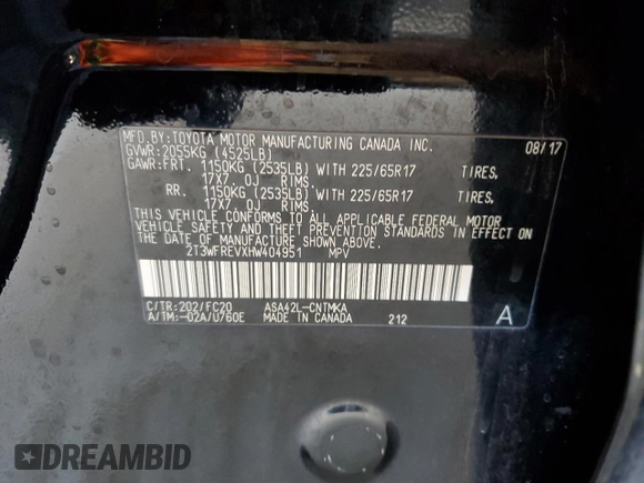 2017 Toyota RAV4 XLE with VIN 2T3WFREVXHW404951, listed as a Copart auction lot 54885355 with 126,791 mi miles and Salvage Title. Bid and sale history available at DreamBid. Image 14.