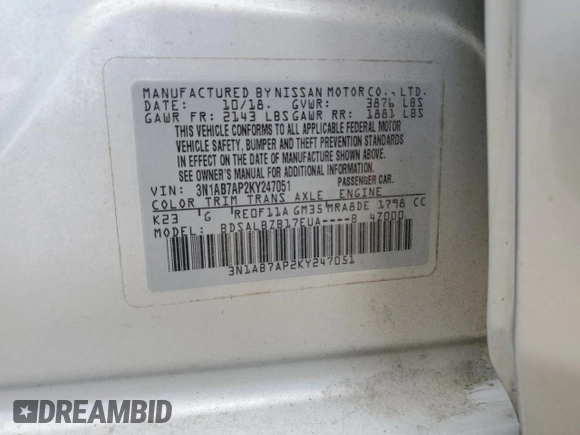 2019 Nissan Sentra SV with VIN 3N1AB7AP2KY247051, listed as a Copart auction lot 53755205 with 126,508 mi miles and Clean Title. Bid and sale history available at DreamBid. Image 12.