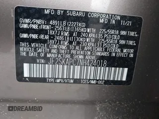 2022 Subaru Forester Limited с VIN JF2SKAPC7NH424018, выставлен на аукционе IAAI как лот 42231739 с пробегом 22 552 миль миль и . История ставок и продаж доступна на DreamBid. Изображение 9.