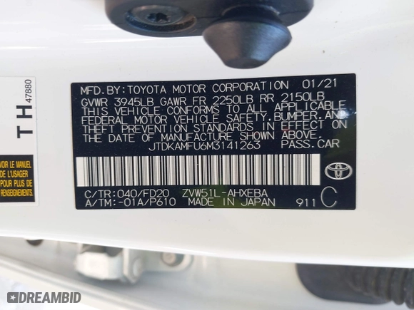 2021 Toyota Prius L Eco with VIN JTDKAMFU6M3141263, listed as a IAAI auction lot 40593951 with 95,921 mi miles. Bid and sale history available at carsss.com. Image 9.