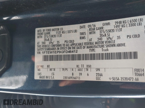 2016 Ford F-150 XLT with VIN 1FTEW1EP9GFD46412, listed as a IAAI auction lot 41539920 with 163,139 mi miles. Bid and sale history available at carsss.com. Image 9.