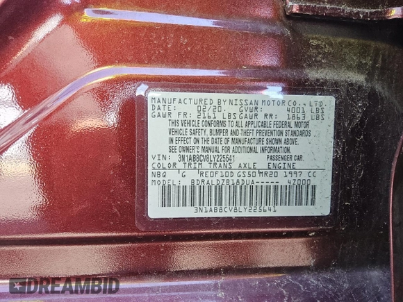 2020 Nissan Sentra SV with VIN 3N1AB8CV8LY225641, listed as a Copart auction lot 51834665 with 61,287 mi miles and Clean Title. Bid and sale history available at carsss.com. Image 12.