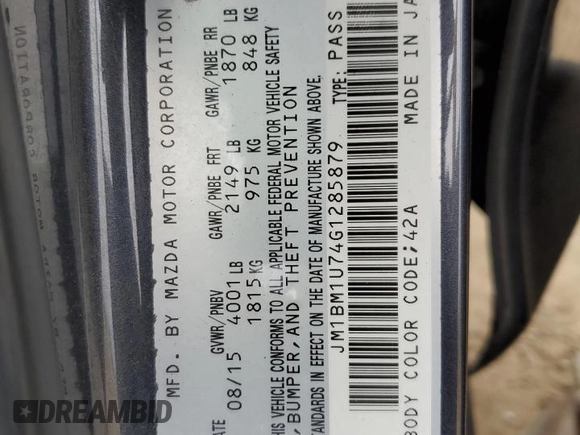 2016 Mazda 3 i Sport with VIN JM1BM1U74G1285879, listed as a Copart auction lot 54601455 with 67,136 mi miles and Salvage Title. Bid and sale history available at DreamBid. Image 13.