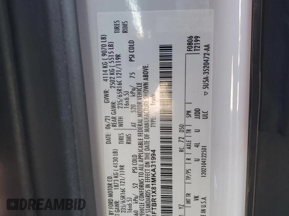 2021 Ford Transit Cargo with VIN 1FTBR1X81MKA31994, listed as a Copart auction lot 45523885 with 151,001 mi miles and Clean Title. Bid and sale history available at DreamBid. Image 13.