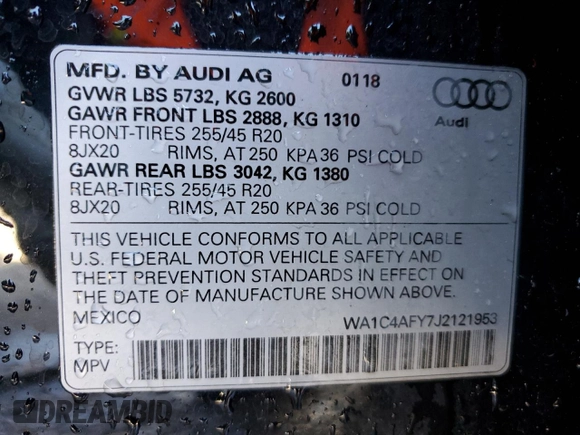 2018 Audi SQ5 Prestige with VIN WA1C4AFY7J2121953, listed as a Copart auction lot 41292974 with 65,365 mi miles and . Bid and sale history available at DreamBid. Image 13.