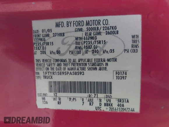 2005 Ford Ranger XL with VIN 1FTYR15E95PA58593, listed as a IAAI auction lot 41706058 with 129,282 mi miles. Bid and sale history available at carsss.com. Image 9.