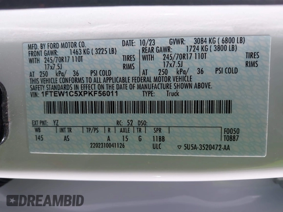 2023 Ford F-150 XL with VIN 1FTEW1C5XPKF56011, listed as a IAAI auction lot 40909405 with Not provided miles and . Bid and sale history available at DreamBid. Image 9.