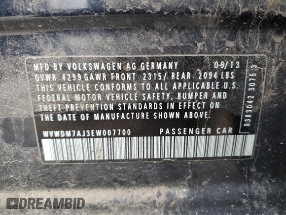 2014 Volkswagen Golf TDI w/Sunroof & Nav z VIN WVWDM7AJ3EW007700, wystawiony jako Copart lot #79607154 z przebiegiem Nie podano mil oraz Szkoda całkowita • Salvage title. Historia ofert i sprzedaży dostępna na DreamBid. Obrazek 12.