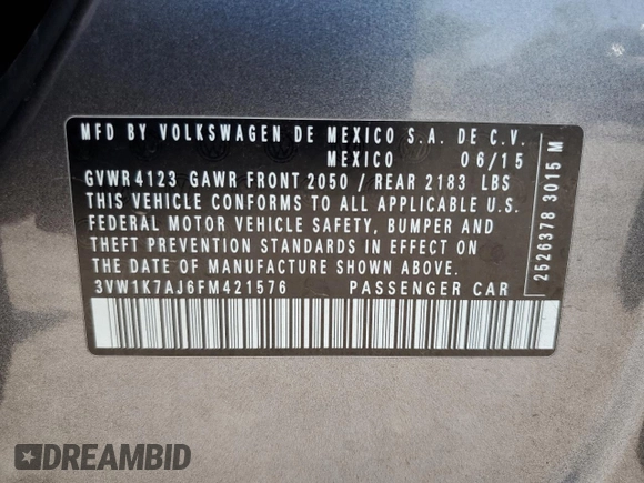 2015 Volkswagen Jetta S z VIN 3VW1K7AJ6FM421576, wystawiony jako Copart lot #57254285 z przebiegiem 82 677 mil mil oraz Szkoda całkowita • Salvage title. Historia ofert i sprzedaży dostępna na DreamBid. Obrazek 13.