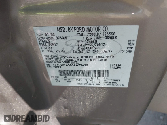 2005 Ford F-150 XLT с VIN 1FTPW14565FA73628, выставлен на аукционе IAAI как лот 42611752 с пробегом 253 321 миль миль и . История ставок и продаж доступна на DreamBid. Изображение 9.