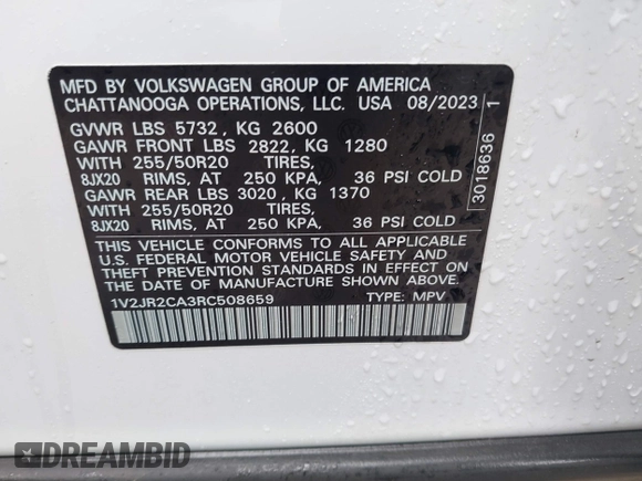 2024 Volkswagen Atlas SE z VIN 1V2JR2CA3RC508659, wystawiony jako IAAI lot #41430628 z przebiegiem 23 139 mil mil oraz . Historia ofert i sprzedaży dostępna na DreamBid. Obrazek 9.