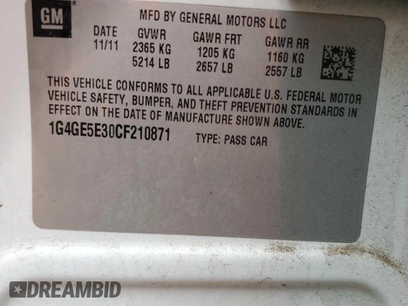 2012 Buick LaCrosse Premium 1 with VIN 1G4GE5E30CF210871, listed as a Copart auction lot 54541725 with 131,098 mi miles and Salvage title. Bid and sale history available at DreamBid. Image 13.