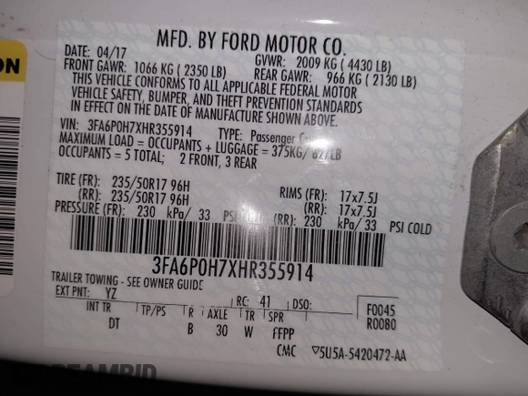 2017 Ford Fusion SE with VIN 3FA6P0H7XHR355914, listed as a IAAI auction lot 41983458 with 118,403 mi miles. Bid and sale history available at carsss.com. Image 9.