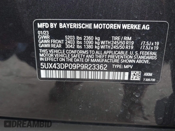 2023 BMW X3 sDrive30i with VIN 5UX43DP09P9R23362, listed as a IAAI auction lot 41709641 with 30,696 mi miles and . Bid and sale history available at DreamBid. Image 9.