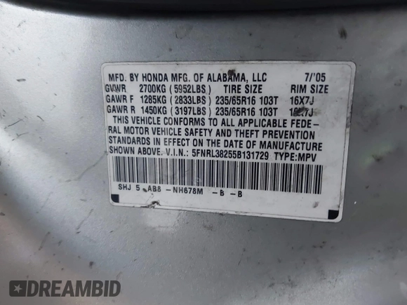 2005 Honda Odyssey LX with VIN 5FNRL38255B131729, listed as a IAAI auction lot 41880067 with 333,450 mi miles. Bid and sale history available at carsss.com. Image 9.