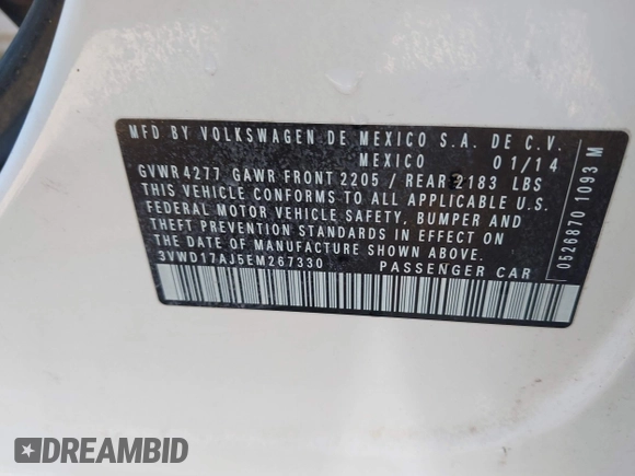 2014 Volkswagen Jetta SE z VIN 3VWD17AJ5EM267330, wystawiony jako IAAI lot #42003039 z przebiegiem 153 591 mil mil oraz . Historia ofert i sprzedaży dostępna na DreamBid. Obrazek 9.