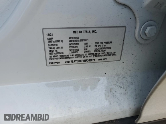 2022 Tesla Model Y Performance with VIN 7SAYGDEF1NF342071, listed as a Copart auction lot 43084905 with 30,534 mi miles and Salvage Title. Bid and sale history available at DreamBid. Image 14.