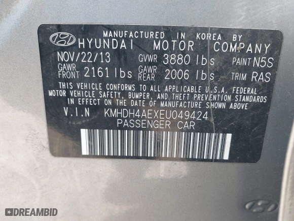 2014 Hyundai Elantra SE with VIN KMHDH4AEXEU049424, listed as a IAAI auction lot 41858569 with 77,496 mi miles. Bid and sale history available at carsss.com. Image 9.