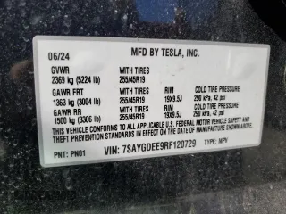 2024 Tesla Model Y Long Range with VIN 7SAYGDEE9RF120729, listed as a Copart auction lot 57360265 with 21,589 mi miles and Salvage title. Bid and sale history available at DreamBid. Image 14.
