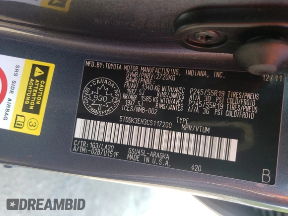 2012 Toyota Highlander Limited z VIN 5TDDK3EH3CS117200, wystawiony jako Copart lot #57280915 z przebiegiem 231 239 mil mil oraz Szkoda całkowita • Salvage title. Historia ofert i sprzedaży dostępna na DreamBid. Obrazek 13.