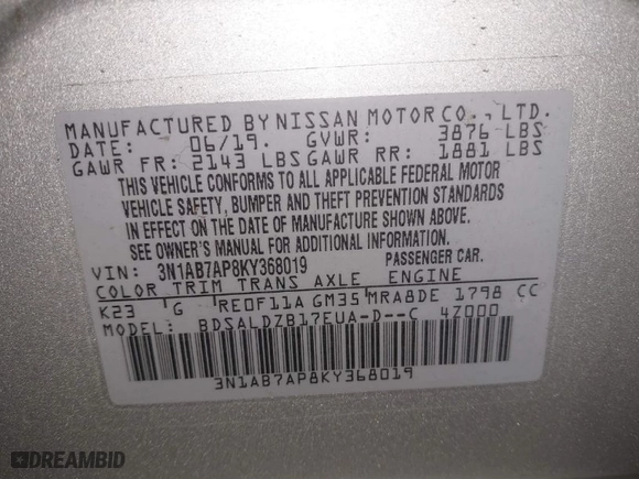 2019 Nissan Sentra S with VIN 3N1AB7AP8KY368019, listed as a IAAI auction lot 41710756 with 79,216 mi miles. Bid and sale history available at carsss.com. Image 9.