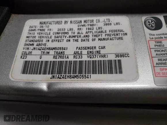 2010 Nissan 370Z Touring with VIN JN1AZ4EH8AM505541, listed as a Copart auction lot 80988544 with 179,473 mi miles and Salvage Title. Bid and sale history available at carsss.com. Image 12.
