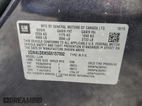 2016 Chevrolet Equinox LTZ с VIN 2GNALDEK5G6157092, выставлен на аукционе Copart как лот 55475225 с пробегом 139 430 миль миль и Списание • Salvage title. История ставок и продаж доступна на DreamBid. Изображение 13.