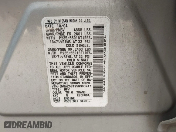 2005 Nissan Murano SE with VIN JN8AZ08T95W303747, listed as a IAAI auction lot 41921987 with 213,216 mi miles and . Bid and sale history available at DreamBid. Image 9.