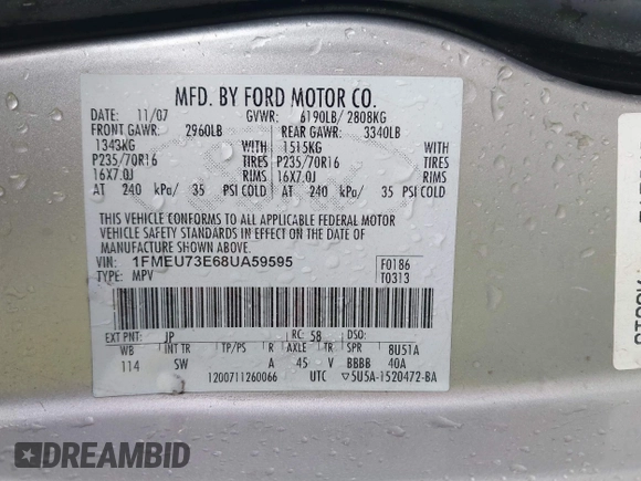 2008 Ford Explorer XLT with VIN 1FMEU73E68UA59595, listed as a IAAI auction lot 41785966 with 223,112 mi miles. Bid and sale history available at carsss.com. Image 9.