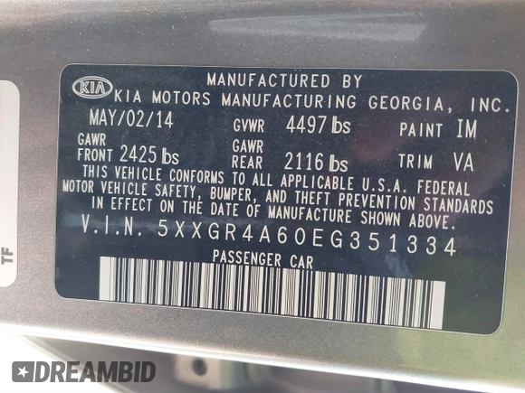 2014 Kia Optima SXL Turbo with VIN 5XXGR4A60EG351334, listed as a IAAI auction lot 41513606 with 174,382 mi miles and . Bid and sale history available at DreamBid. Image 9.
