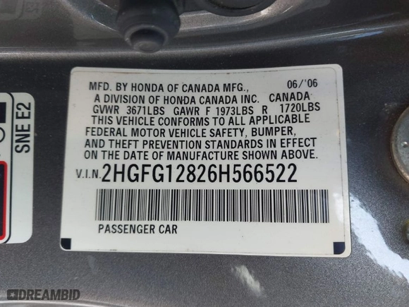 2006 Honda Civic Cpe EX with VIN 2HGFG12826H566522, listed as a IAAI auction lot 41595339 with 275,226 mi miles. Bid and sale history available at carsss.com. Image 9.