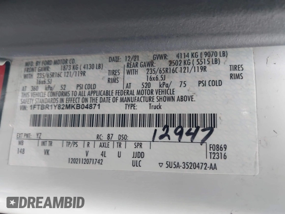 2021 Ford Transit Cargo с VIN 1FTBR1Y82MKB04871, выставлен на аукционе IAAI как лот 42589012 с пробегом Не указан миль и . История ставок и продаж доступна на DreamBid. Изображение 9.