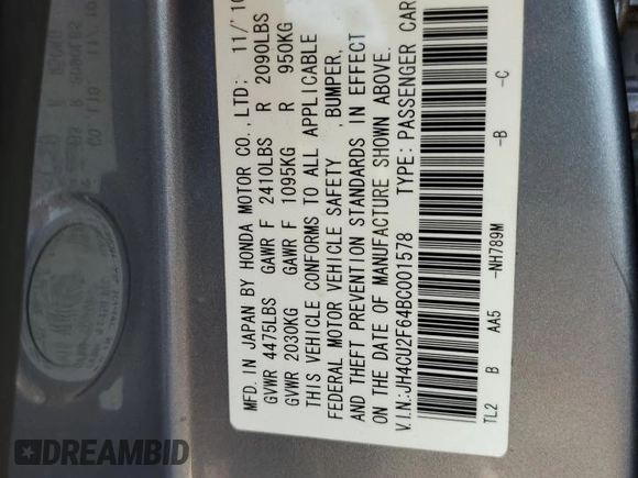 2011 Acura TSX with VIN JH4CU2F64BC001578, listed as a Copart auction lot 61775175 with 158,124 mi miles and Clean title. Bid and sale history available at DreamBid. Image 12.