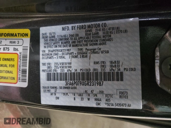 2016 Ford Fusion SE with VIN 3FA6P0T9XGR231987, listed as a Copart auction lot 49600105 with 74,734 mi miles and Salvage Title. Bid and sale history available at carsss.com. Image 12.