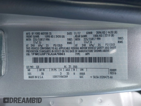 2018 Ford Escape S with VIN 1FMCU0F7XJUA78863, listed as a IAAI auction lot 41974548 with 54,179 mi miles and . Bid and sale history available at DreamBid. Image 9.