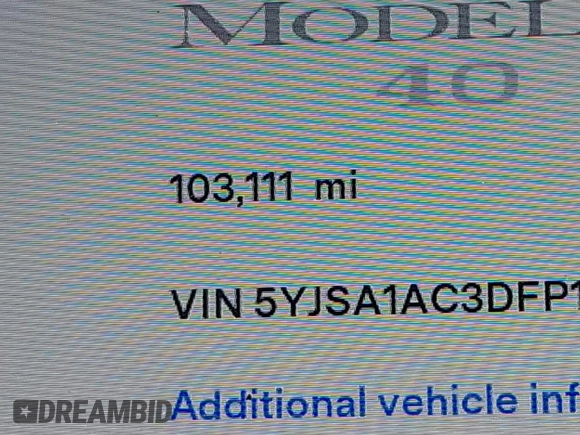2013 Tesla Model S with VIN 5YJSA1AC3DFP10537, listed as a IAAI auction lot 40707549 with 103,111 mi miles and . Bid and sale history available at DreamBid. Image 16.