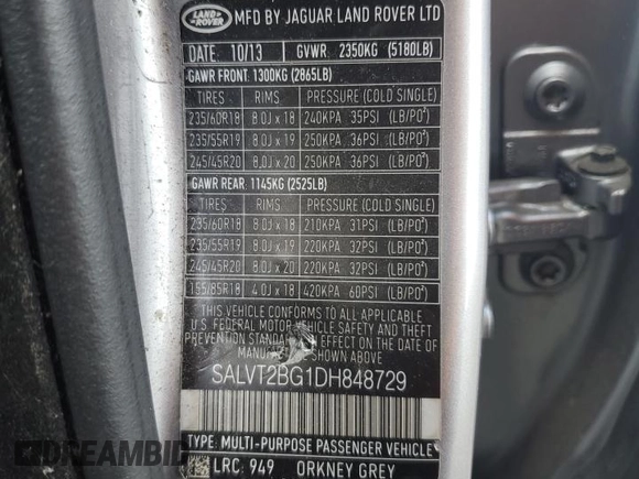 2013 Land Rover Range Rover Evoque Dynamic Premium with VIN SALVT2BG1DH848729, listed as a Copart auction lot 61760025 with 107,947 mi miles and Salvage title. Bid and sale history available at DreamBid. Image 14.