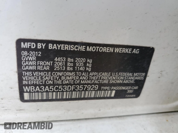 2013 BMW 3 Series 328i with VIN WBA3A5C53DF357929, listed as a Copart auction lot 49195795 with 163,231 mi miles and Salvage title. Bid and sale history available at DreamBid. Image 13.