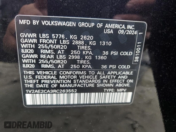 2024 Volkswagen Atlas SEL R-Line with VIN 1V2AE2CA3RC263552, listed as a Copart auction lot 43369105 with 1,036 mi miles and Salvage title. Bid and sale history available at DreamBid. Image 14.
