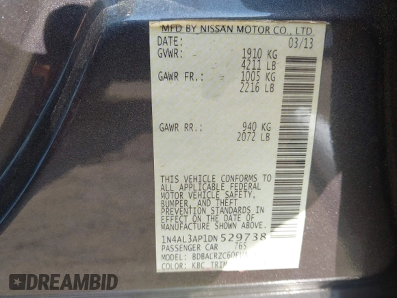 2013 Nissan Altima S with VIN 1N4AL3AP1DN529738, listed as a IAAI auction lot 42168139 with 184,867 mi miles and . Bid and sale history available at DreamBid. Image 9.